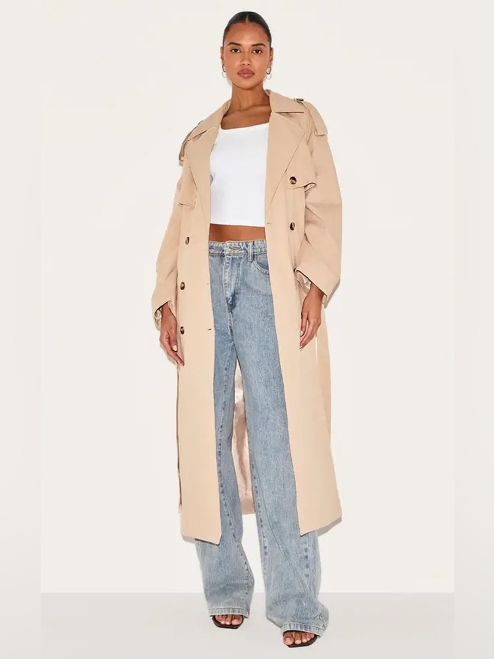 PrettyLittleThing Stone Belted Long Trench Coat NWT Women’s US 12 Beige